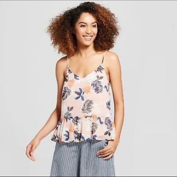 A New Day Ruffled Hem Floral Layered Tank Pink|Blue|Orange w/plaid liner. XS - Picture 2 of 9